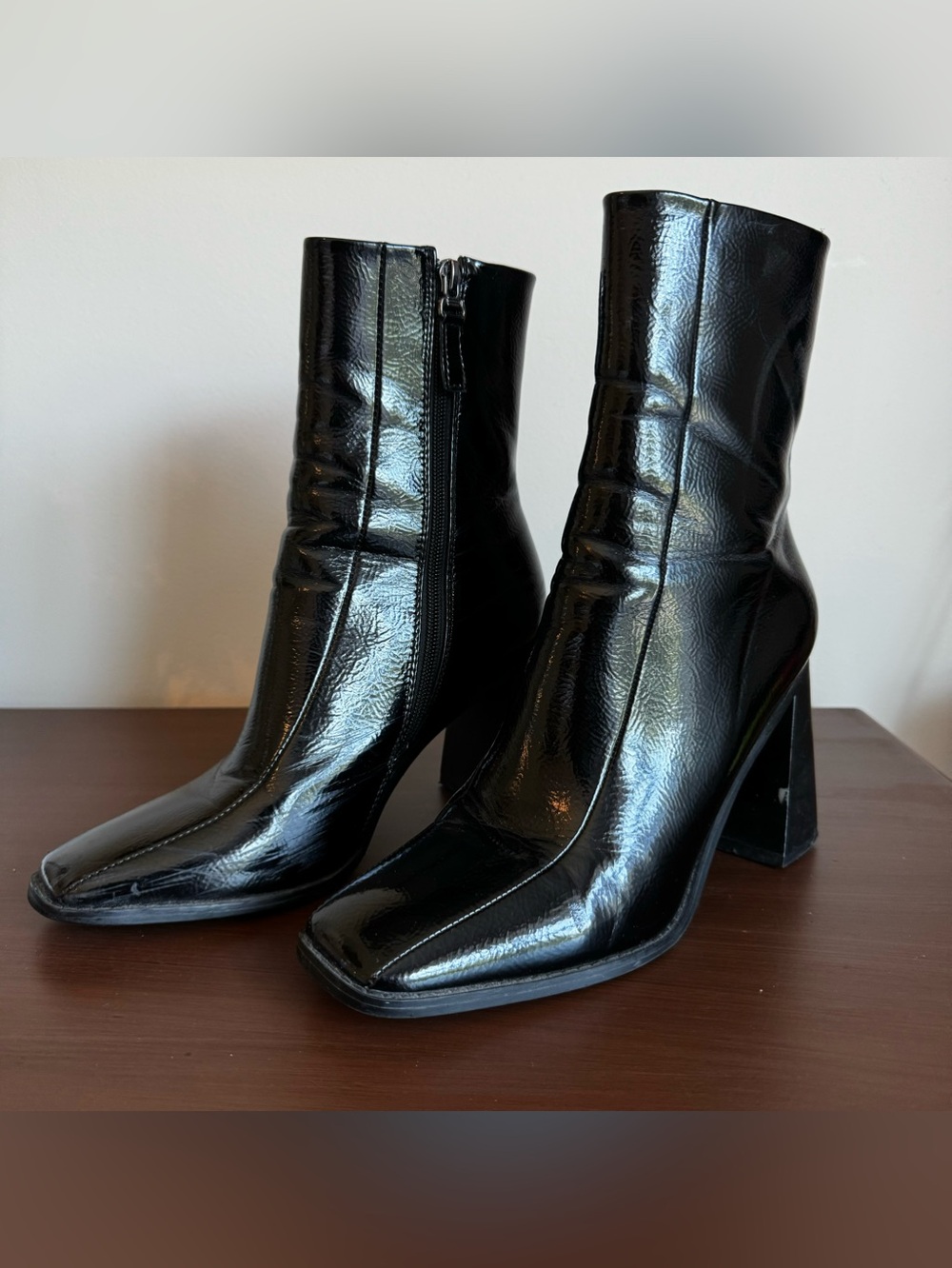 Nasty Gal Black Patent Square-Toe Block Heel Mid-Calf Boots